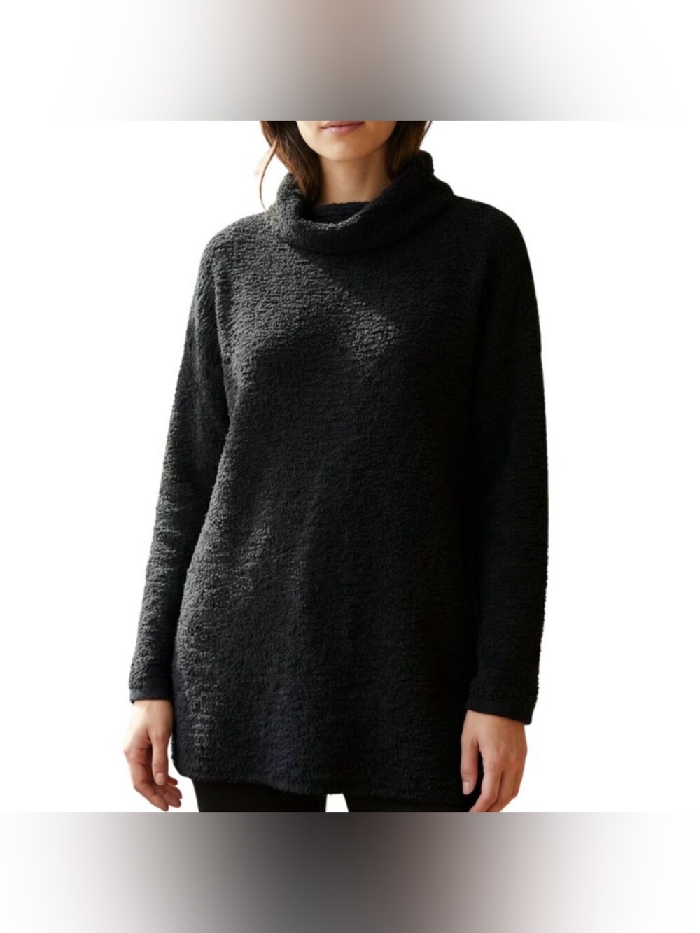 Eileen Fisher Sweater Large P Black Organic Cotton Oversized Cowl Funnel Neck
